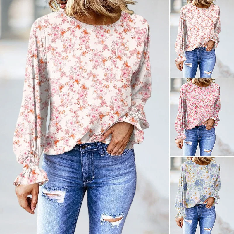 Floral Round Neck Balloon Sleeve T-Shirt