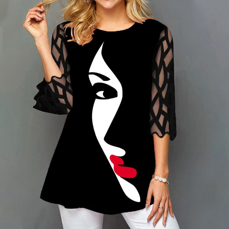 Lace Sleeve Printed T-shirt