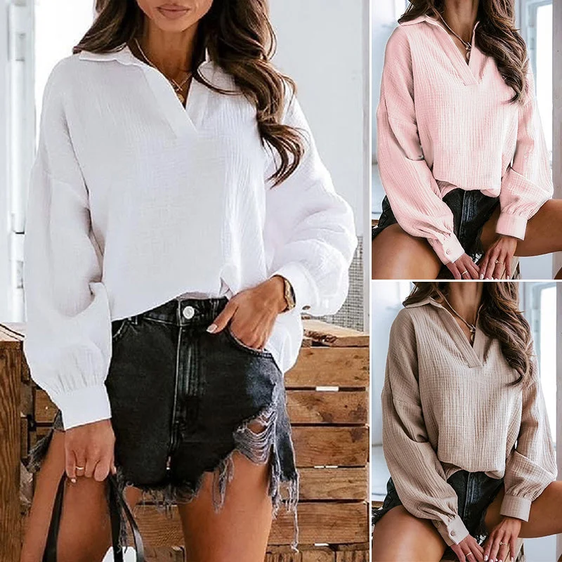 Lapel Lantern Long Sleeve Solid Color Shirt