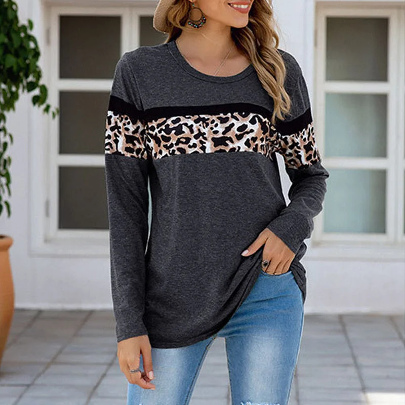 Long Sleeve Paneled Leopard T-Shirt