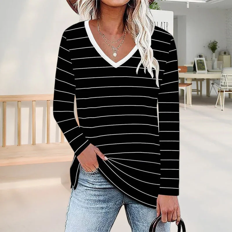 Long Sleeve V Neck Striped T-Shirt