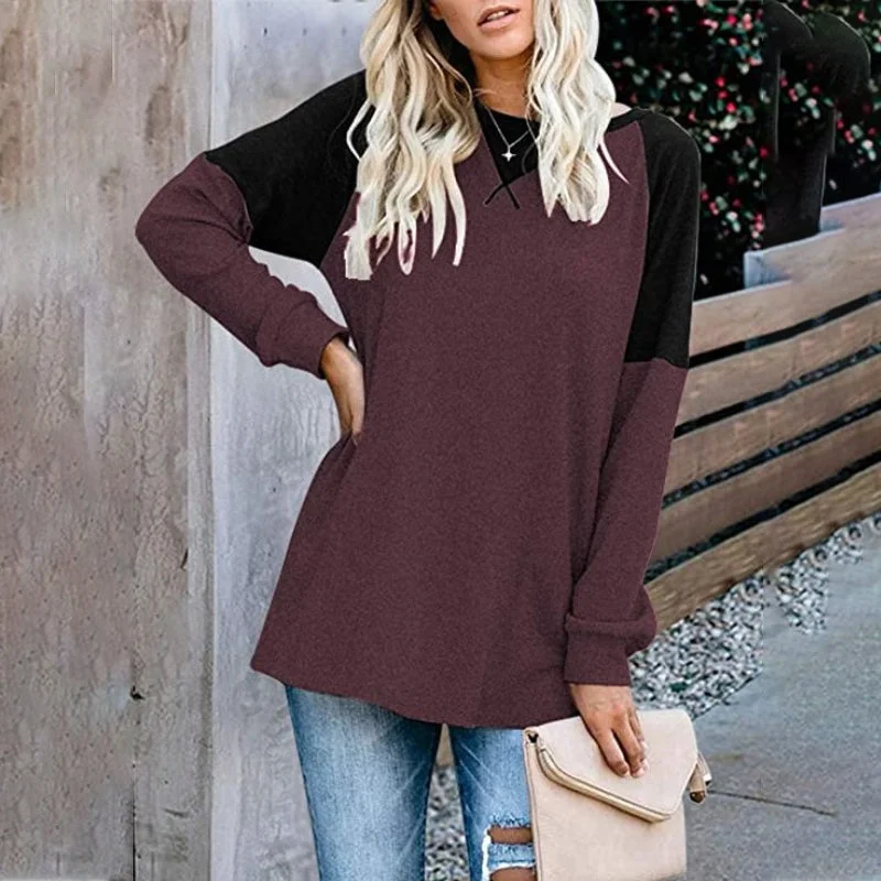 Round Neck Long Sleeve Color Block T-Shirt