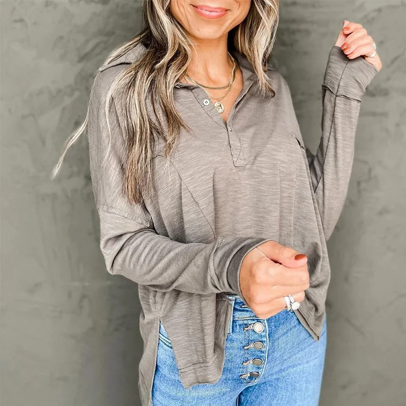 Solid Color V Neck Long Sleeve Loose Casual T-Shirt