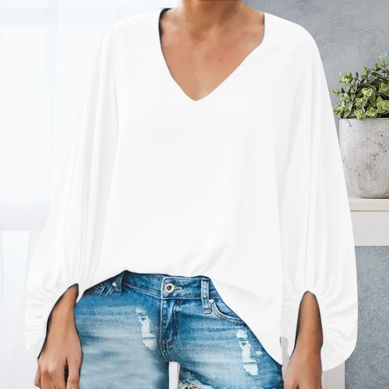 V-Neck Balloon Sleeve Loose T-Shirt